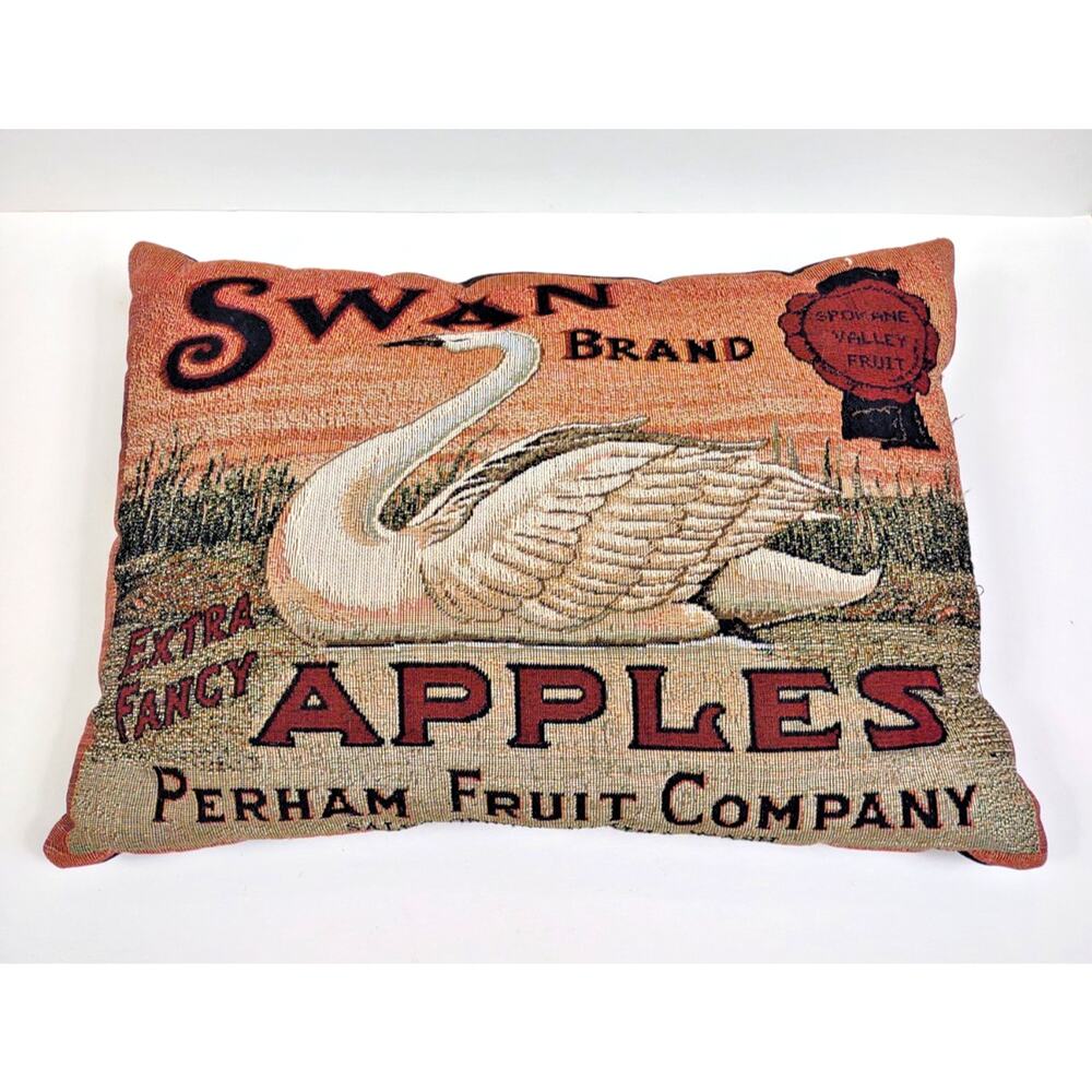 VTG Swan Brand Apples Tapestry Pillow Perham Fruit Co Spokane Farmhouse 16x11"